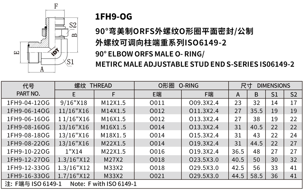 90°弯美制ORFS外螺纹O形圈平面密封/公制外螺纹可调向柱端重系列ISO 6149-2